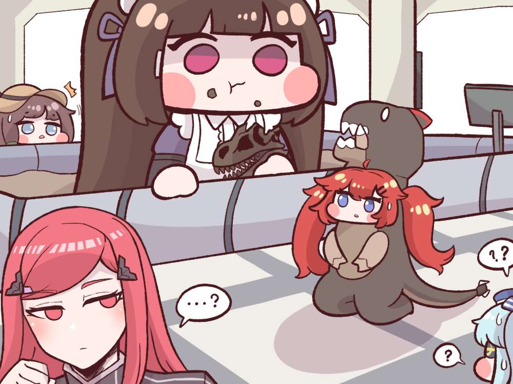 ...? 5girls :t ? ?? blue_eyes blue_hair blush_stickers brown_hair bulga chibi daphne_(last_origin) dinosaur_costume eating eyepatch food food_on_face giant giantess last_origin light_blue_hair long_hair lrl_(last_origin) may_of_doom multiple_girls night_angel_(last_origin) purple_eyes red_eyes red_hair scissors_lise sweatdrop twintails