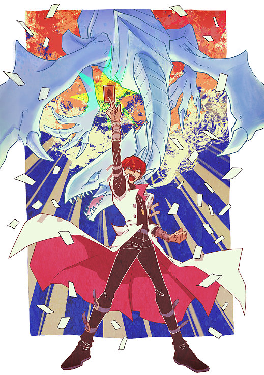 1boy arm_up black_boots black_pants black_shirt blue-eyes_white_dragon boots border brown_hair card clenched_hand coat dragon duel_monster holding holding_card kaiba_seto looking_at_viewer male_focus open_mouth pants shirt short_hair white_border white_coat yu-gi-oh! yu-gi-oh!_duel_monsters yuza