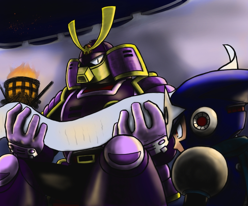 capcom fire fire gloves joints mask mega_man_(classic) mega_man_(series) mega_man_3 mega_man_6 night night_sky ninja no_humans non-humanoid_robot paper robot robot_ears robot_joints shadow_man_(mega_man) sitting sky yamato_man