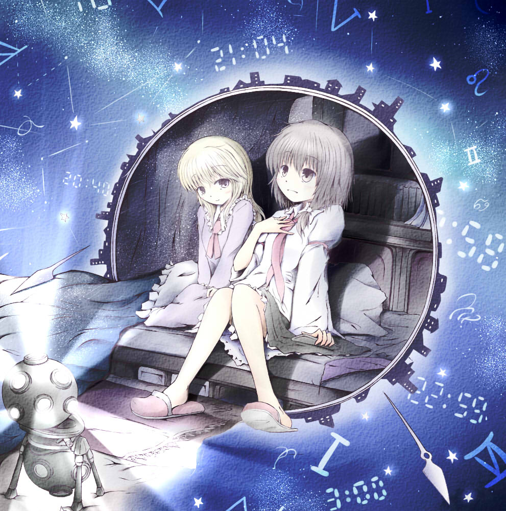 2girls bed blanket blonde_hair bow brown_eyes brown_hair carpet controller curtains dress long_hair maribel_hearn multiple_girls necktie no_headwear no_headwear pillow planetarium projector remote_control ribbon romi short_hair skirt slippers smile star_(sky) star_(symbol) starry_background touhou usami_renko zodiac