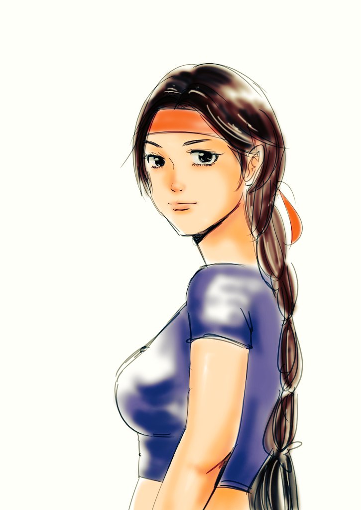 1girl braid braided_ponytail breasts brown_eyes brown_hair dougi female_focus headband karate_gi large_breasts looking_at_viewer looking_back shirt standing the_king_of_fighters tucon_b yuri_sakazaki