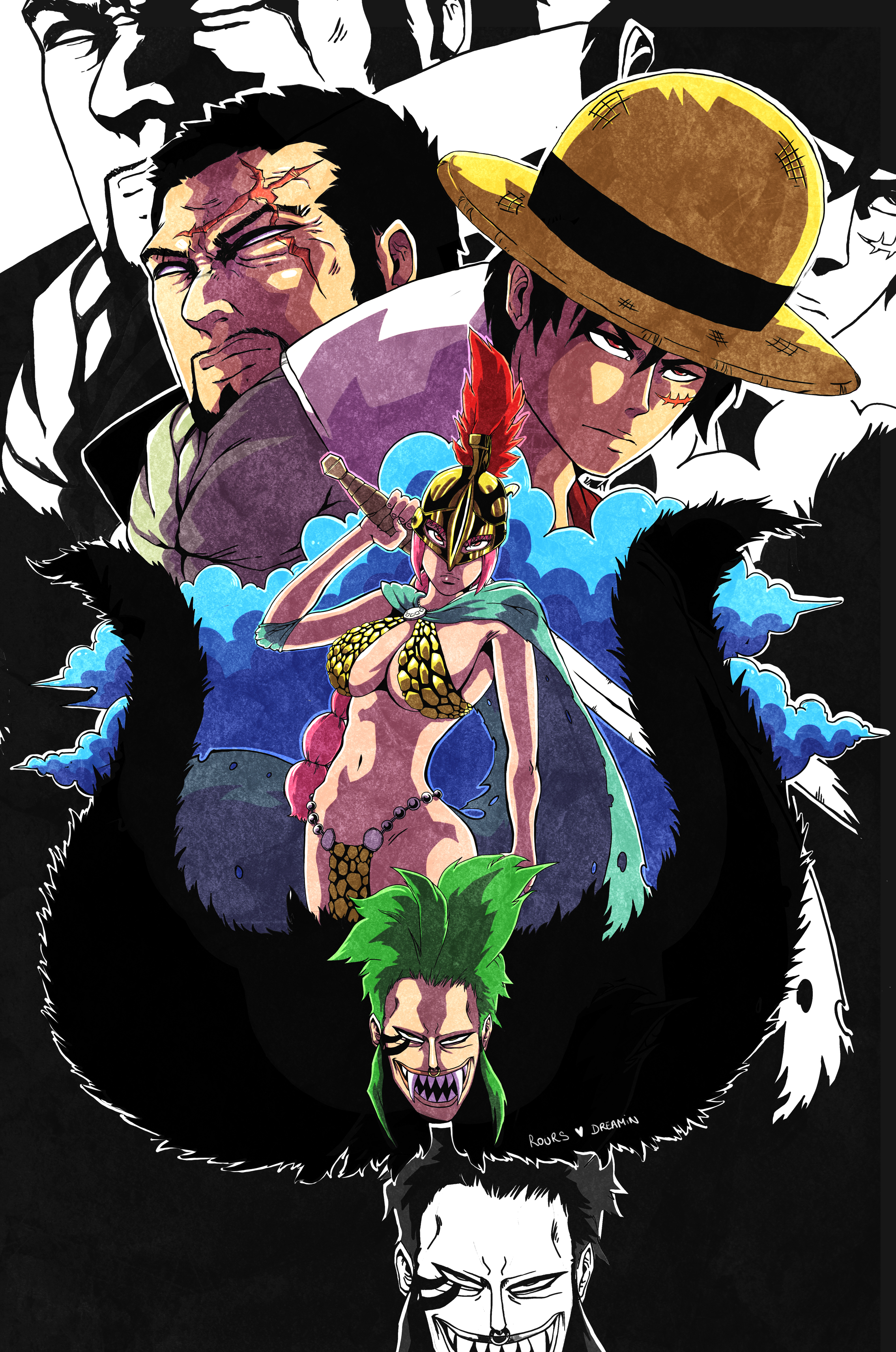 1girl 3boys absurdres armor bartolomeo bikini_armor black_hair blind breasts cape cleavage dressrosa elbow_pads face_piercing facial_hair facial_tattoo fangs fujitora_(one_piece) fur gladiator goatee green_hair grin hat helmet highres large_breasts long_hair monkey_d._luffy multi-tied_hair multiple_boys navel nose_piercing nose_ring one_piece partially_colored piercing pink_hair plume prince_rours rebecca_(one_piece) scar short_hair signature smile straw_hat sword tattoo torn_cape torn_clothes weapon zoom_layer