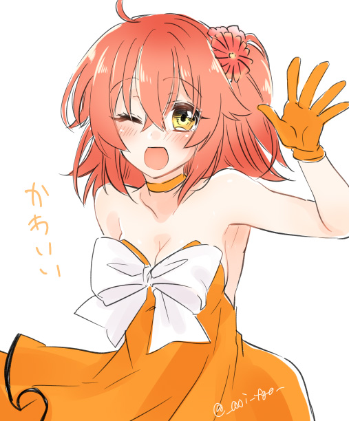 1girl ;d blush breasts choker cleavage collarbone dress fate/grand_order fate_(series) female_focus fujimaru_ritsuka_(female) fujimaru_ritsuka_(female)_(starlight_fest) gloves hair_between_eyes layered_dress long_hair medium_breasts official_alternate_costume one_eye_closed open_mouth orange_dress orange_gloves red_hair shino-o side_ponytail sketch sleeveless sleeveless_dress smile solo strapless strapless_dress upper_body white_background yellow_eyes