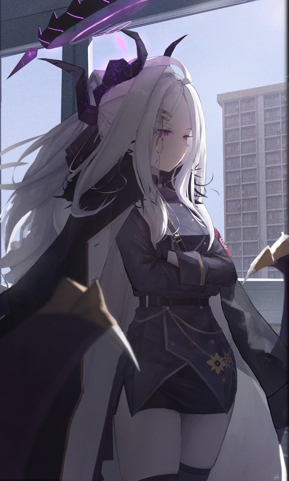 1girl black_coat black_dress black_horns blue_archive coat coat_on_shoulders demon_horns demon_wings dress halo highres hina_(blue_archive) horns indoors kyatto-mikazu long_hair low_wings multiple_horns parted_bangs purple_eyes purple_halo purple_wings solo white_hair window wings