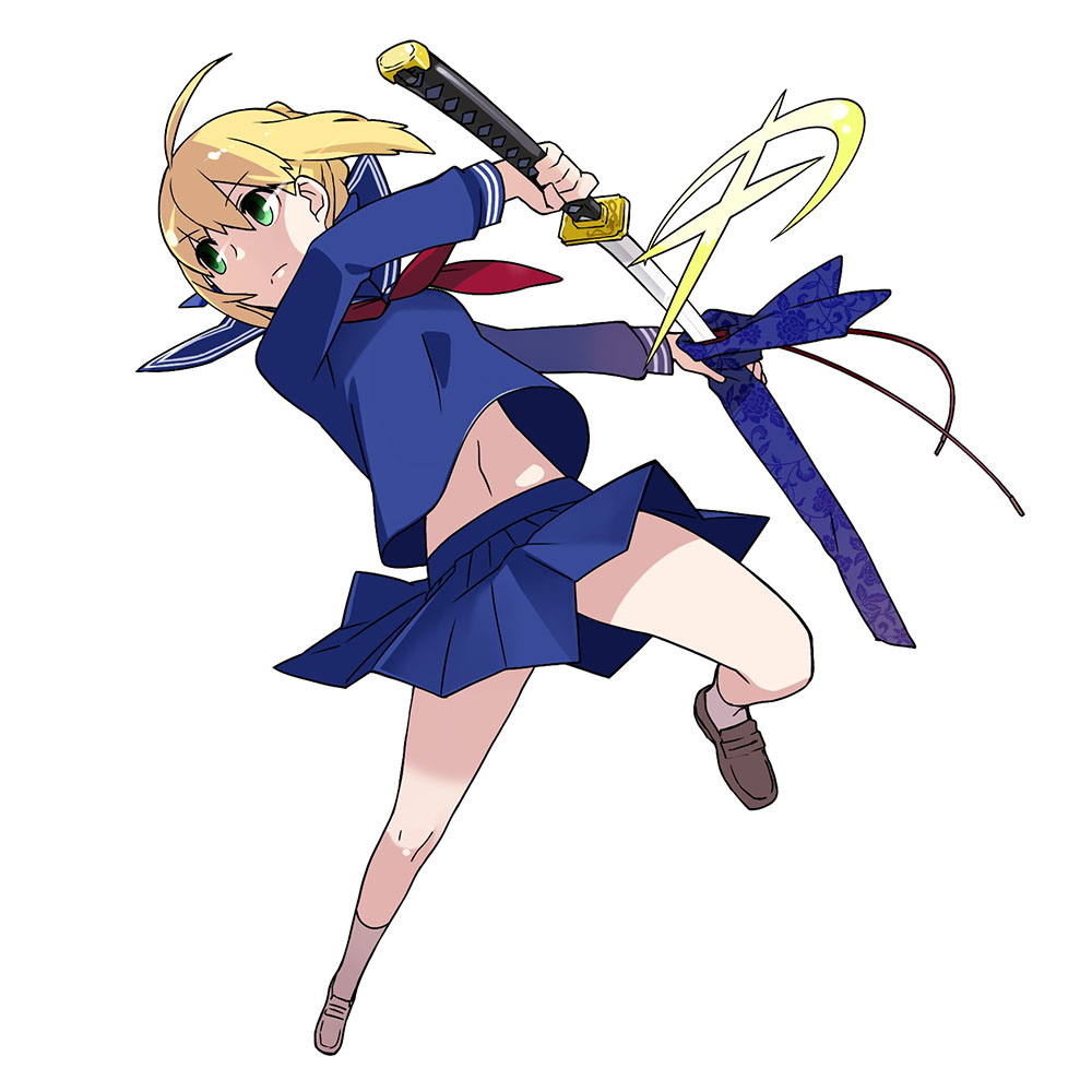 1girl ahoge alternate_costume alternate_weapon artoria_pendragon_(fate) blonde_hair breasts capsule_servant fate_(series) female_focus fighting_stance floral_print foreshortening frown full_body green_eyes hair_between_eyes hair_bun holding holding_weapon katana kneehighs leg_up loafers long_sleeves looking_to_the_side master_artoria medori midriff navel neckerchief official_art pleated_skirt saber_(fate) scabbard school_uniform serafuku sheath shirt shoes short_hair sidelocks simple_background single_hair_bun skirt small_breasts socks solo sword unsheathing weapon white_background white_socks