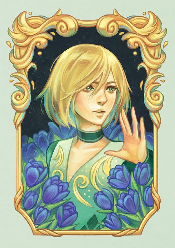 1boy blonde_hair blue_flower blue_leotard blue_rose border choker collarbone diamond_(shape) eyebrows flower green_background green_eyes hair_between_eyes leotard lips looking_to_the_side male_focus munette pale_skin parted_lips rose short_hair solo solo_focus teeth yuri!!!_on_ice yuri_plisetsky