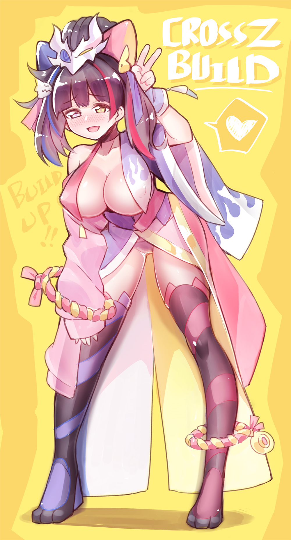 1girl animal_hair_ornament asymmetrical_legwear black_hair black_thighhighs blue_hair blue_kimono blue_panties blue_ribbon blush breasts choker cleavage collarbone covered_erect_nipples cross-zbuild_form detached_sleeves ditienan_ddn dragon_hair_ornament flame_print fusion grey_eyes hair_ornament hair_ribbon headgear heart heterochromia highres japanese_clothes kamen_rider kamen_rider_build kamen_rider_build_(series) kamen_rider_cross-z kamen_rider_cross-zbuild kimono large_breasts leaning_forward long_hair long_sleeves looking_at_viewer mismatched_legwear multicolored_hair open_mouth panties paw_shoes personification ponytail print_kimono rabbit_hair_ornament red_hair red_kimono red_ribbon ribbon rider-tan rope single_sleeve smile speech_bubble spoken_heart standing streaked_hair striped_clothes striped_thighhighs thighhighs twintails two-tone_kimono underwear v wrist_cuffs yellow_background yellow_eyes