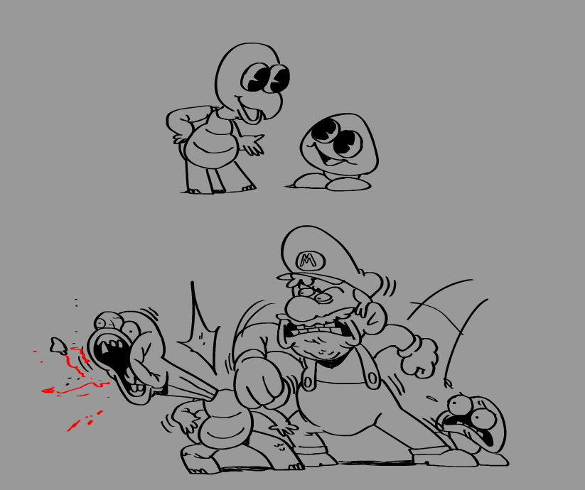 1boy 2others angry attack before_and_after belt blood facial_hair forced full_body gloves goomba hat injury koopa mario mario_(series) monochrome multiple_others mustache nintendo peixeaquatico punching shell simple_background smile super_mario_bros._1 surprised water