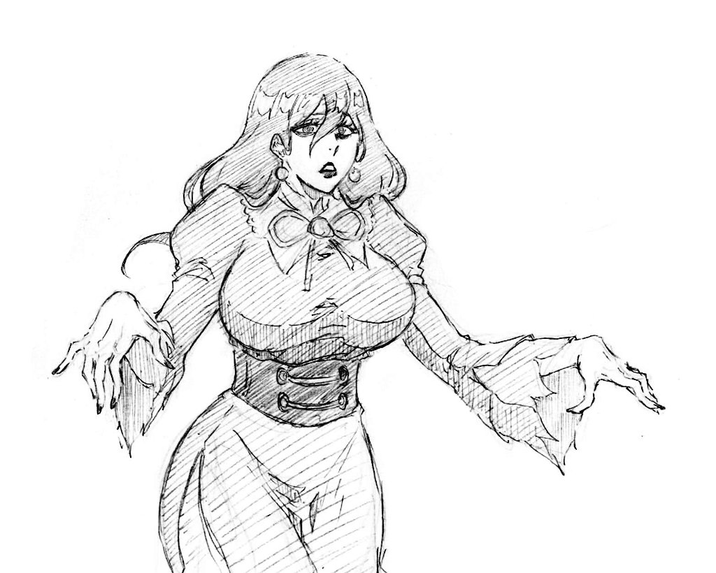 1girl @_@ ahoge alternate_breast_size bags_under_eyes black_hair black_nails breasts dress earrings greyscale hair_between_eyes hex_maniac_(pokemon) hex_maniac_(pokemon_legends:_z-a) jewelry kubo_tite_(style) large_breasts long_hair long_sleeves looking_at_viewer messy_hair monochrome nintendo open_mouth pokemon pokemon_legends:_z-a rakusakugk simple_background solo white_background
