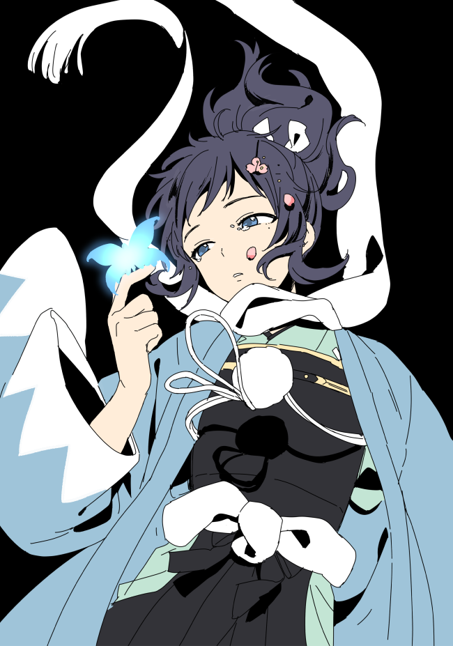 10s 1boy black_hair blue_eyes bug butterfly hair_ornament hairclip hakama hakama_skirt haori insect japanese_clothes male_focus mole mole_under_eye parted_lips petals plico_(nicoma) ponytail scarf shinsengumi skirt touken_ranbu touken_ranbu:_hanamaru yamato-no-kami_yasusada