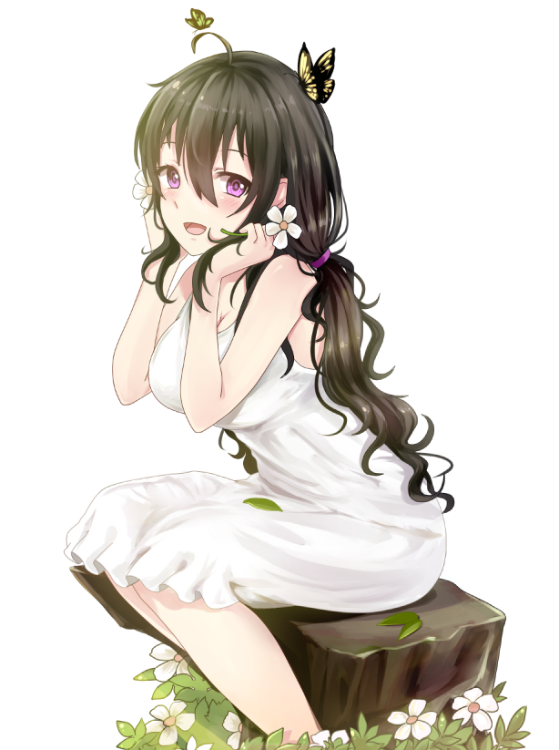 1girl :d ahoge animal antennae bad_id bad_pixiv_id bare_arms bare_shoulders beifeng_han blush breasts brown_hair bug butterfly butterfly_on_head cleavage dress female_focus flower hair_between_eyes hair_ribbon hands_up holding holding_flower insect large_breasts legs_together long_hair looking_at_viewer low_twintails miyaura_sanshio open_mouth original purple_eyes revision ribbon simple_background sitting skirt sleeveless sleeveless_dress smile solo tree_stump trunk twintails very_long_hair wavy_hair white_background white_dress