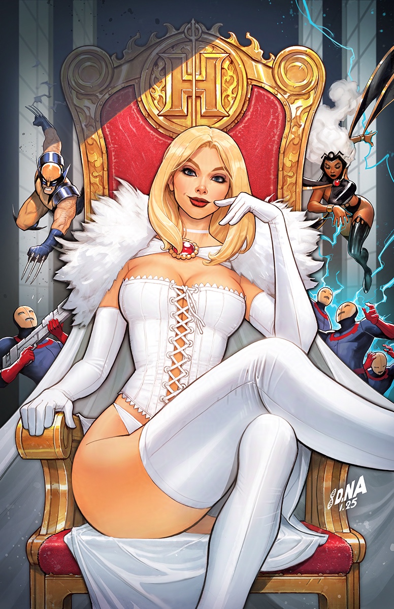 2girls 5boys black_boots blonde_hair blue_eyes blue_gloves boots breasts cape claws cleavage comic_cover corset david_nakayama elbow_gloves electricity emma_frost gloves highres initial large_breasts marvel multiple_boys multiple_girls official_art panties sitting solo_focus storm_(x-men) textless_version thigh_boots throne underwear white_boots white_cape white_corset white_gloves white_hair white_panties wolverine_(x-men) x-men