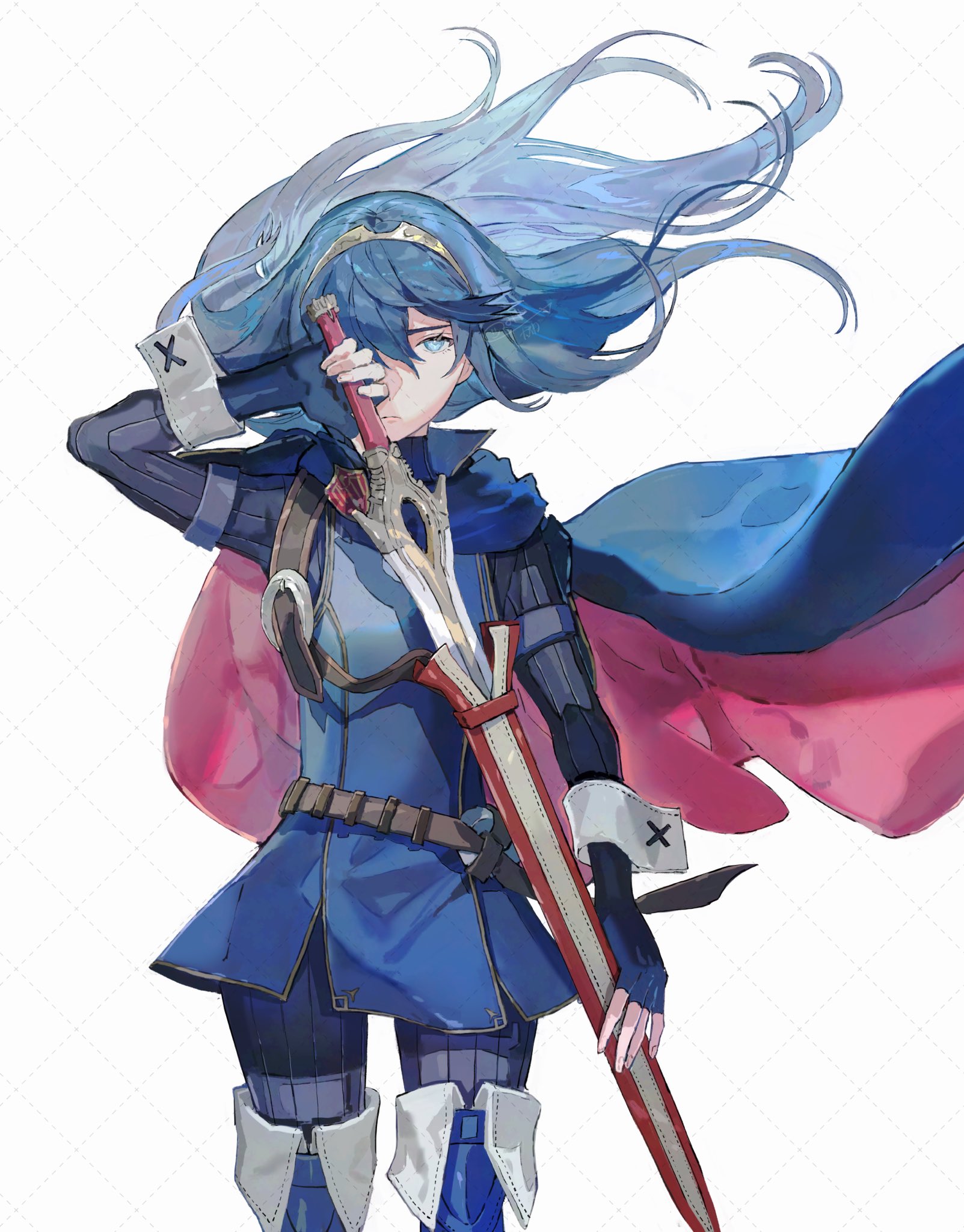 1girl aisutabetao blue_cape blue_eyes blue_gloves blue_hair brand_of_the_exalt cape closed_mouth falchion_(fire_emblem) fingerless_gloves fire_emblem fire_emblem_awakening floating_hair gloves hair_between_eyes highres holding holding_sheath holding_sword holding_weapon long_hair long_sleeves looking_at_viewer lucina_(fire_emblem) nintendo red_cape sheath solo sword symbol_in_eye tiara two-tone_cape unsheathing weapon