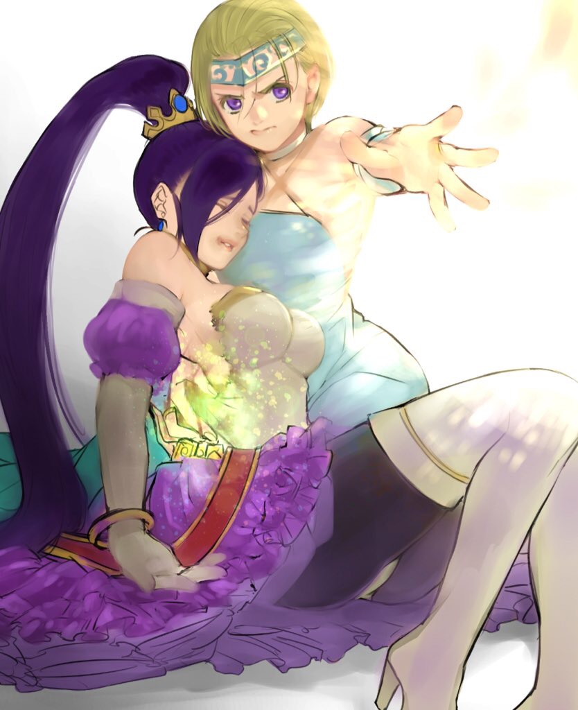 2girls arm_around_waist blonde_hair blood blood_on_hands boots bracelet bracer breasts bridal_gauntlets choker closed_eyes commentary_request detached_sleeves dragon_quest dragon_quest_xi dress frown gloves gold_bracelet head_on_another&#039;s_chest healing high_heel_boots high_heels high_ponytail imminent_attack jewelry kimidori_(kimidoriri) large_breasts martina_(dq11) multiple_girls official_alternate_costume official_alternate_hair_length official_alternate_hairstyle parted_lips ponytail protecting purple_dress purple_eyes reaching reaching_towards_viewer senya_(dq11) short_hair sketch slumped small_breasts thigh_boots tiara torn_clothes torn_dress white_background white_boots white_bridal_gauntlets white_choker white_dress white_gloves
