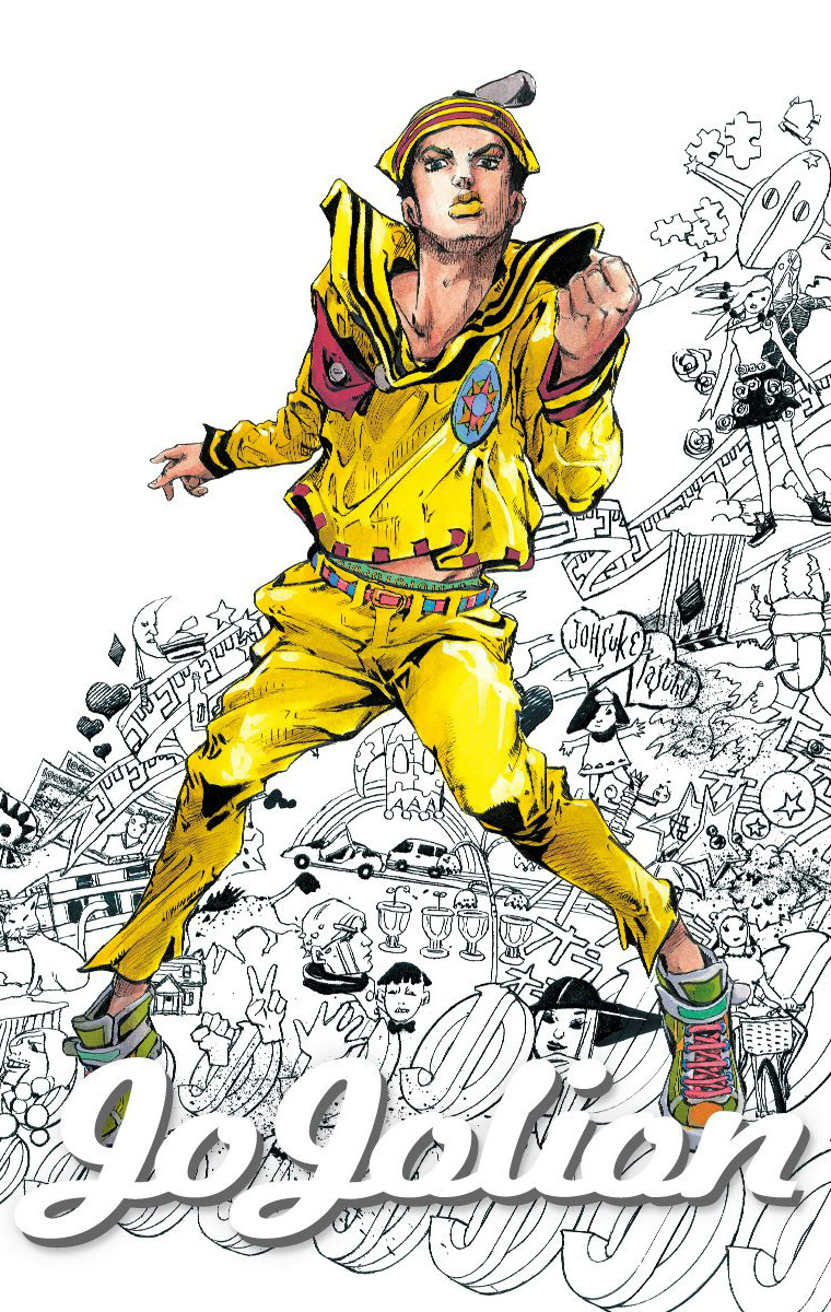 3girls 4others 5boys aircraft araki_hirohiko belt bicycle blue_belt compass_rose dixie_cup_hat green_eyes green_shoes hat higashikata_daiya higashikata_jobin higashikata_joshu higashikata_josuke_(jojolion) higashikata_norisuke_iv higashikata_tsurugi highres hirose_yasuho house jigsaw_puzzle jojo_no_kimyou_na_bouken jojo_pose jojolion king_nothing long_sleeves military_hat multiple_boys multiple_girls multiple_others non-web_source official_art paisley_park_(stand) pants paper_moon_king puzzle rhinoceros_beetle riding riding_bicycle sailor sailor_collar sailor_hat shirt shoes sketch skirt sneakers soft_&amp;_wet stand_(jojo) traditional_media yellow_hat yellow_lips yellow_pants yellow_sailor_collar yellow_shirt