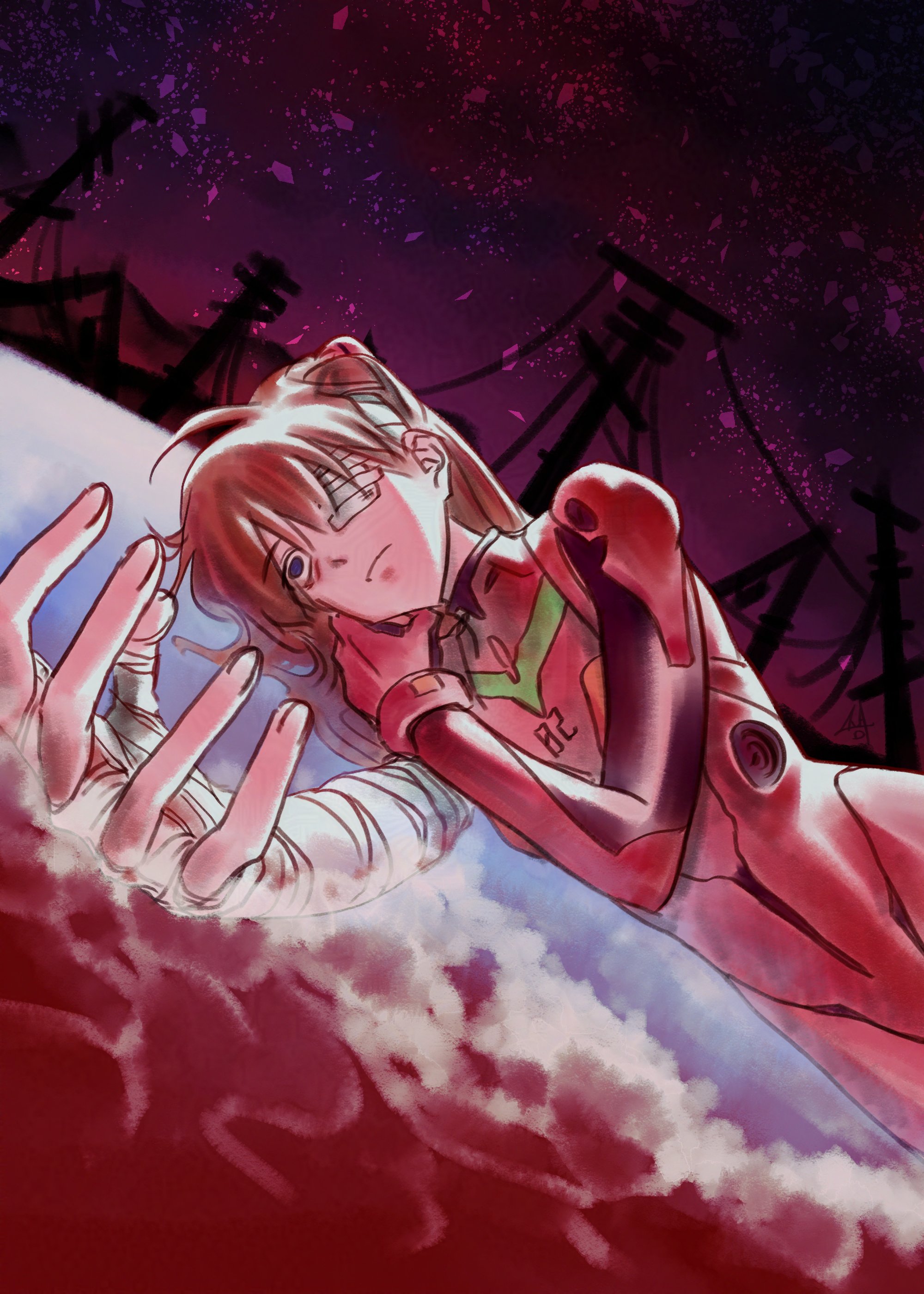 1girl absurdres bandage_over_one_eye bandaged_arm bandages beach blue_eyes bodysuit brown_hair hair_ornament heisdsb highres long_hair looking_at_hand lying mecha_pilot_suit neon_genesis_evangelion ocean on_side one_eye_covered outdoors plugsuit_(evangelion) purple_sky red_ocean red_water sky solo souryuu_asuka_langley surprised the_end_of_evangelion third_impact traumatized utility_pole white_sand wide_hips