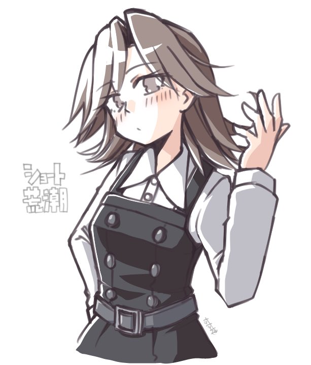 1girl alternate_hair_length alternate_hairstyle arashio_(kancolle) black_dress breasts brown_eyes brown_hair collared_shirt commentary_request dress dress_shirt kantai_collection looking_at_viewer medium_breasts pinafore_dress shirt simple_background sleeveless sleeveless_dress solo tatahai translation_request upper_body white_background white_shirt