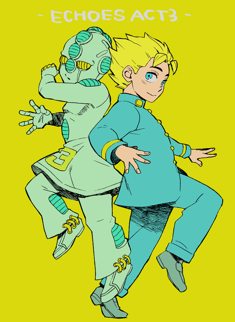 1boy aqua_eyes back-to-back blonde_hair character_name echoes_(stand) echoes_act3 from_side full_body gakuran hirose_koichi jojo_no_kimyou_na_bouken limited_palette male_focus mikey_uo school_uniform simple_background smile stand_(jojo)