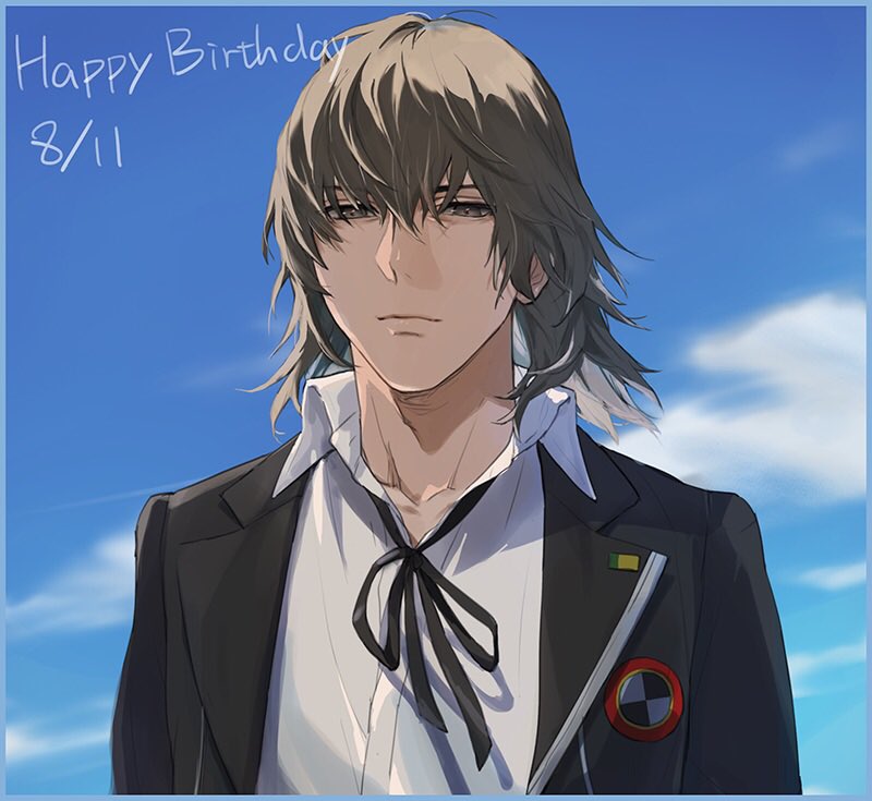 1boy aragaki_shinjirou birthday black_jacket black_ribbon brown_eyes brown_hair closed_mouth cloud collared_shirt dated day gekkoukan_high_school_uniform happy_birthday isa_(peien516) jacket looking_at_viewer male_focus neck_ribbon persona persona_3 ribbon school_uniform shirt sky solo upper_body white_shirt