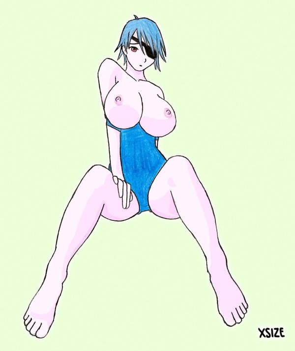 1990s_(style) blue_hair breasts brown_eyes final_fantasy final_fantasy_viii fuujin_(ff8) large_breasts nipples swimsuit