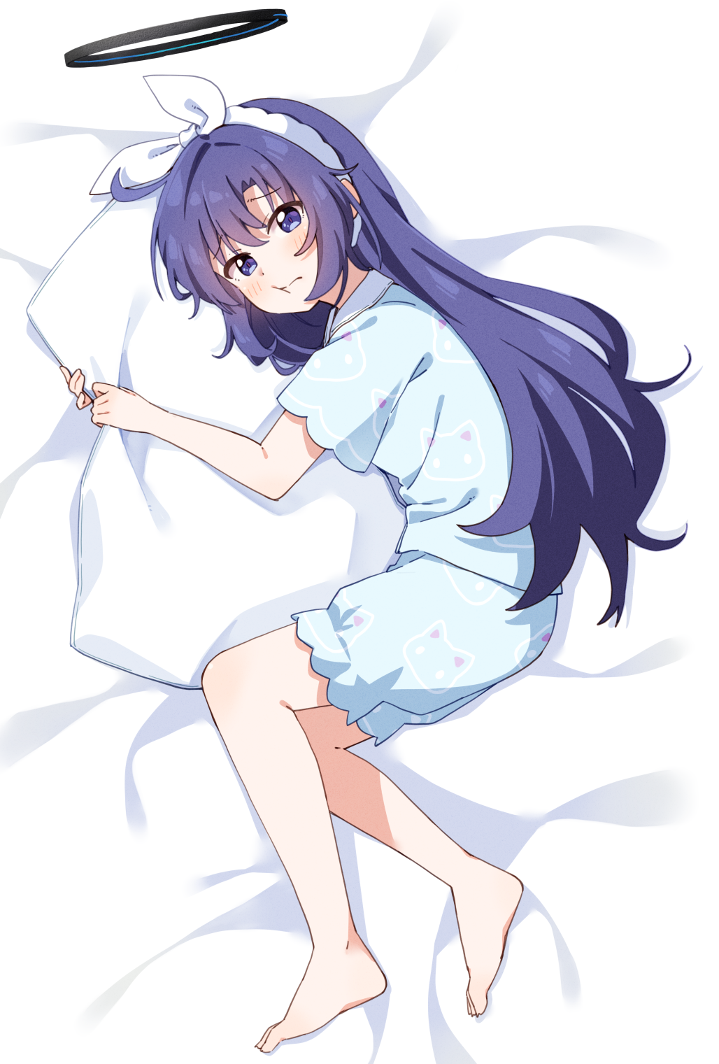1girl :t bare_arms bare_legs barefoot bed_sheet black_halo blue_archive blue_eyes blue_hair blue_pajamas cheek_squash commentary from_above full_body hair_between_eyes hairband halo haru_(konomi_150) highres hugging_object light_blush long_hair looking_at_viewer lying official_alternate_costume on_side pajamas pillow pillow_hug short_sleeves solo very_long_hair white_hairband yuuka_(blue_archive) yuuka_(pajamas)_(blue_archive)