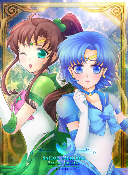 2girls ;o bishoujo_senshi_sailor_moon bishoujo_senshi_sailor_moon_stars blue_bow blue_eyes blue_hair blue_sailor_collar blue_skirt blush bow brooch brown_hair character_name choker cowboy_shot earrings elbow_gloves fch2009 gloves green_eyes green_skirt hair_bobbles hair_ornament high_ponytail inner_senshi jewelry kino_makoto long_hair looking_at_viewer magical_girl mizuno_ami multiple_girls one_eye_closed pink_bow ponytail puffy_sleeves sailor_collar sailor_jupiter sailor_mercury sailor_senshi short_hair sidelocks skirt star_(symbol) star_brooch star_earrings super_sailor_jupiter_(stars) super_sailor_mercury_(stars) tiara white_gloves