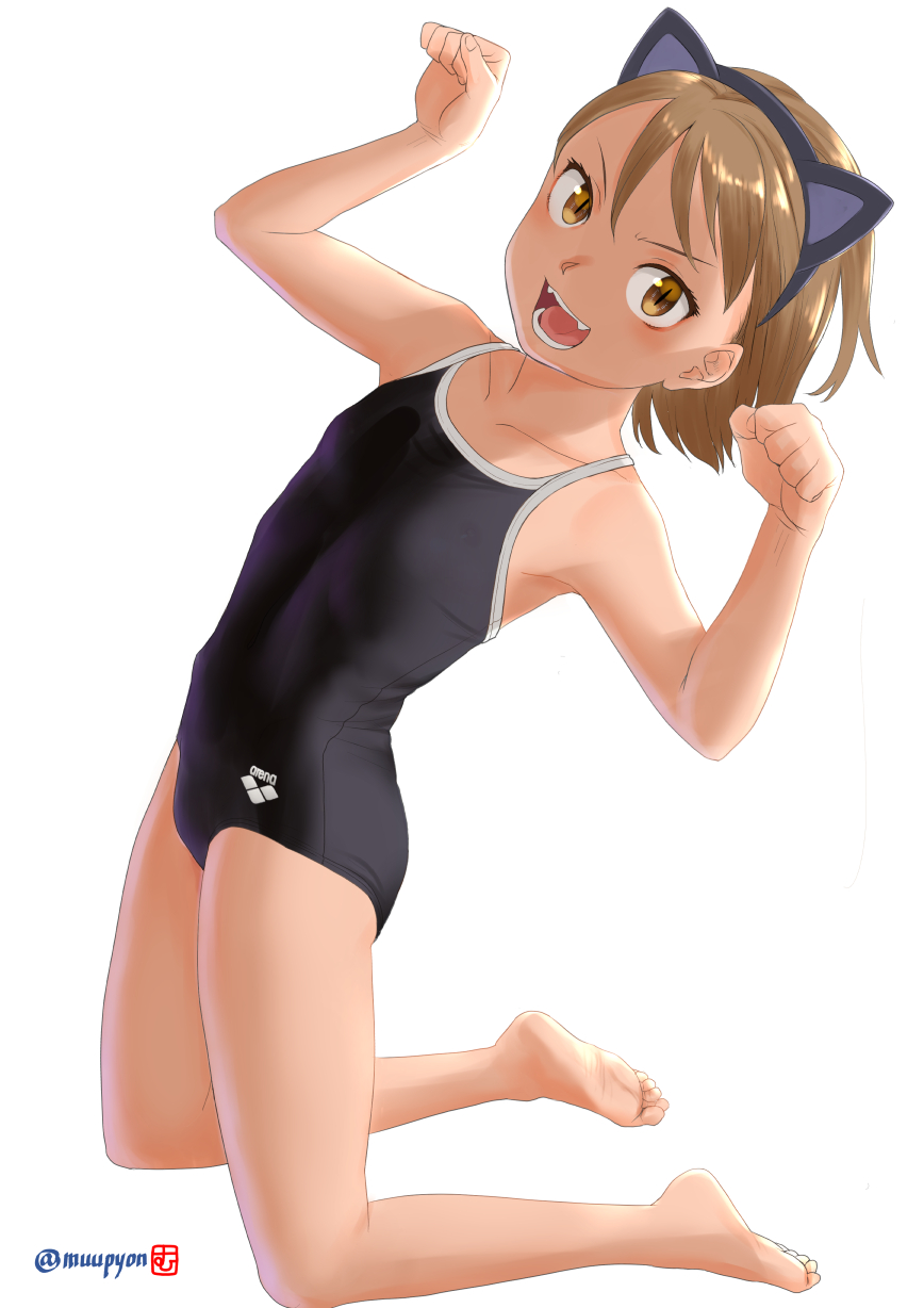 1girl animal_ear_hairband animal_ears arched_back arena_(company) barefoot black_one-piece_swimsuit brown_eyes brown_hair cat_ear_hairband cat_ears competition_school_swimsuit fake_animal_ears fang feet flat_chest full_body hairband highres kneeling mu-pyon one-piece_swimsuit open_mouth original paw_pose school_swimsuit short_hair simple_background soles solo swimsuit toes white_background
