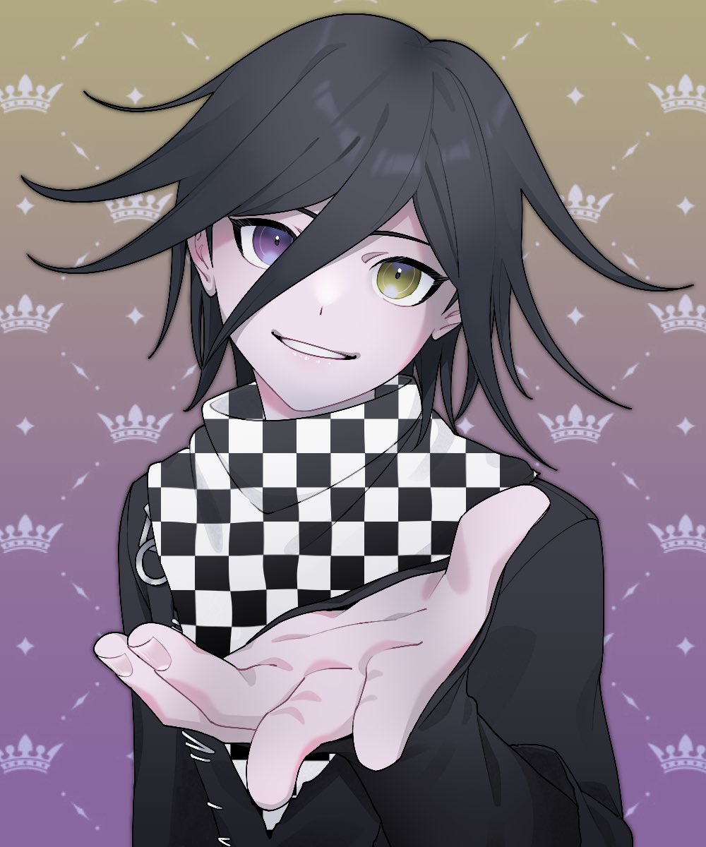 1boy alternate_costume alternate_eye_color black_hair commentary crown_print danganronpa_(series) danganronpa_v3:_killing_harmony flipped_hair gradient_background hair_between_eyes heterochromia highres ling_yun_(amadare0803) long_sleeves male_focus medium_hair offering_hand oma_kokichi pale_skin prototype_design purple_background purple_eyes reaching reaching_towards_viewer ringed_eyes smile solo teeth upper_body yellow_background yellow_eyes