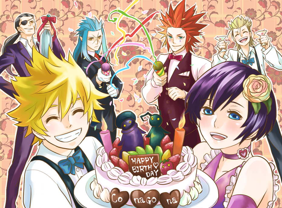 1girl 5boys ^_^ axel bad_id bad_pixiv_id black_hair blonde_hair blue_eyes blue_hair bow bowtie cake closed_eyes danbo_(symbols) demyx eyepatch closed_eyes floral_background flower food grin hair_flower hair_ornament happy_birthday heartless kingdom_hearts kingdom_hearts_358/2_days martini multiple_boys party party_popper ponytail purple_hair red_hair roxas saix scar shadow_(kingdom_hearts) smile spiked_hair xigbar xion_(kingdom_hearts)
