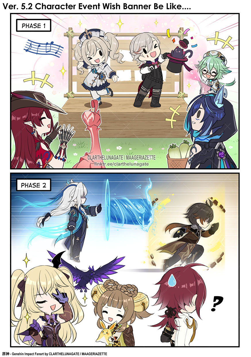 &gt;_o 2koma 5boys 5girls :d ? ^_^ barbara_(genshin_impact) basket bell black-framed_eyewear black_boots black_gloves black_hat black_hood black_pants black_shirt blank_eyes blonde_hair blue_hair boots bow-shaped_hair brown_coat brown_hair chasca_(genshin_impact) clarthelunagate closed_eyes coat comic commentary confetti detached_sleeves dress drill_hair electro_symbol_(genshin_impact) elf english_commentary english_text fischl_(genshin_impact) floating genshin_impact glasses gloves grass green_hair hair_bell hair_ornament hand_up hat highres holding holding_beaker holding_unworn_clothes holding_unworn_hat jingle_bell long_hair long_sleeves looking_at_another looking_to_the_side lyney_(genshin_impact) multiple_boys multiple_girls neuvillette_(genshin_impact) notice_lines one_eye_closed open_mouth ororon_(genshin_impact) pants pointy_ears qucusaurus_(genshin_impact) radish red_hair running semi-rimless_eyewear shikanoin_heizou shirt smile standing standing_on_one_leg sucrose_(genshin_impact) teardrop_facial_mark top_hat twin_drills two_side_up unworn_hat unworn_headwear v very_long_hair vision_(genshin_impact) white_dress white_gloves white_sleeves yaoyao_(genshin_impact) yuegui_(genshin_impact) zhongli_(genshin_impact)