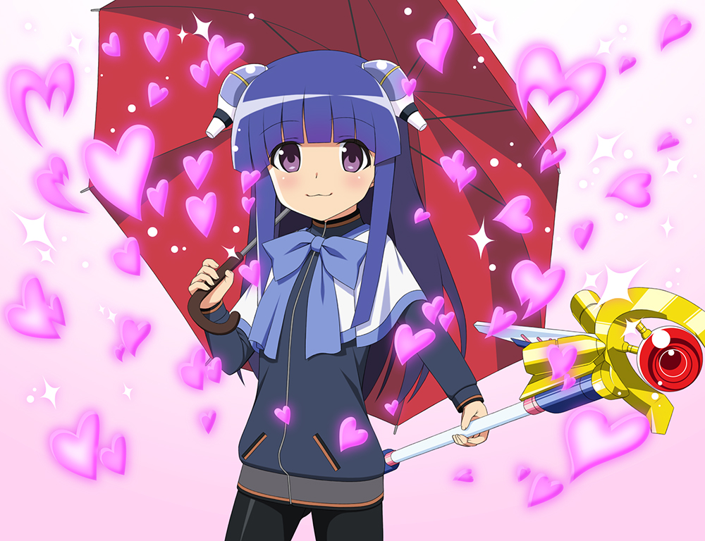 1girl amane_suzuha black_jacket black_pantyhose blue_bow blue_hair borrowed_weapon bow capelet closed_mouth commentary_request cosplay cosplay_request furude_rika galaxy_angel gaou_(babel) harime_nui headgear heart higurashi_no_naku_koro_ni holding holding_umbrella holding_wand jacket kanon kawasumi_mai kill_la_kill long_hair long_sleeves lyrical_nanoha mahou_shoujo_lyrical_nanoha pantyhose petals purple_eyes raising_heart raising_heart_(device_mode)_(1st) ranpha_franboise red_umbrella smile solo sparkle steins;gate takamachi_nanoha tamura_yukari umbrella very_long_hair voice_actor_connection wand white_capelet