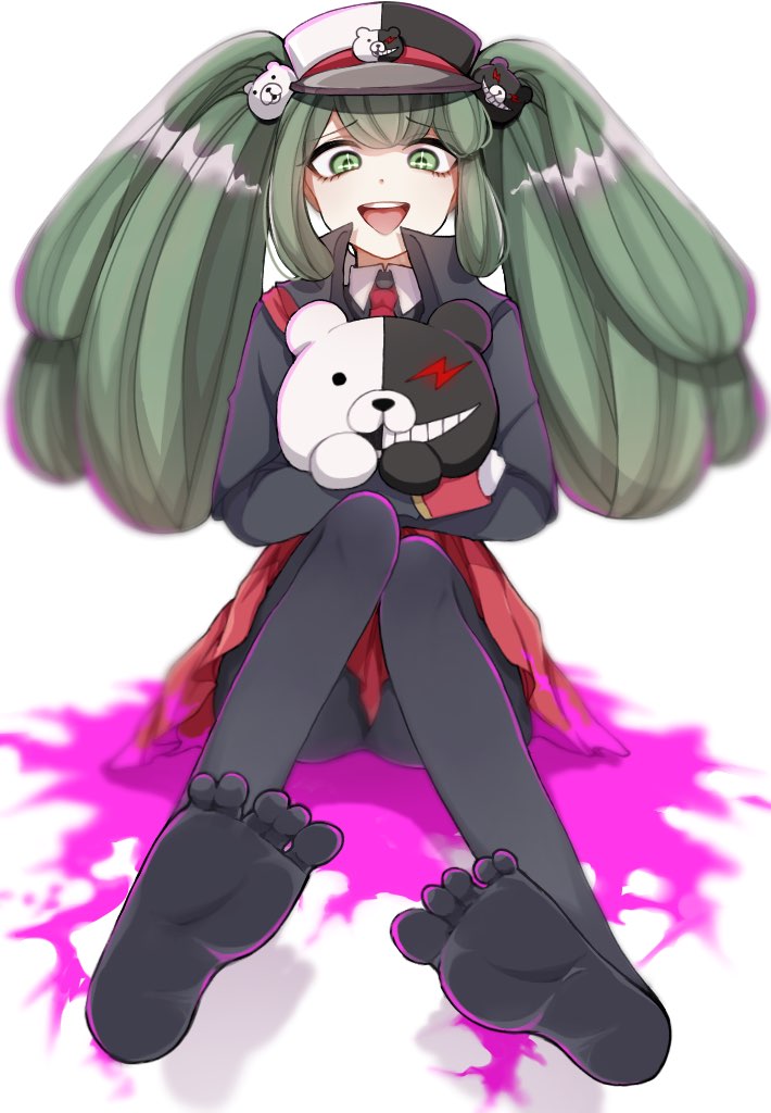 1girl :d black_hat black_pantyhose blood collared_shirt cosplay danganronpa_(series) danganronpa_another_episode:_ultra_despair_girls enoshima_junko enoshima_junko_(cosplay) green_eyes green_hair hairband hat impossible_clothes long_hair makasasakama miniskirt monokuma necktie no_shoes open_mouth pantyhose peaked_cap pink_blood red_necktie red_skirt ribbon shirt skirt smile stuffed_animal stuffed_toy teddy_bear towa_monaca white_background white_hat