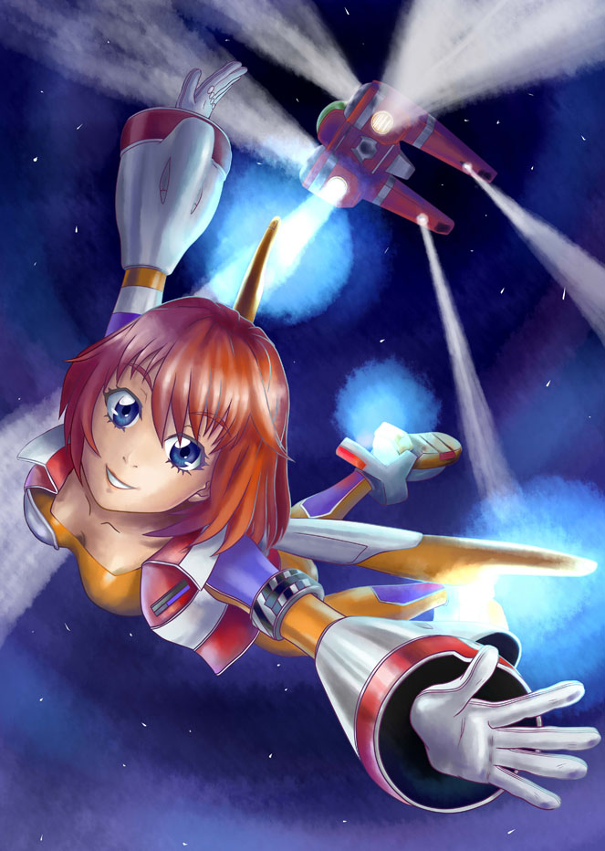 1girl blue_eyes bodysuit breasts burning_rangers cleavage falling female_focus gauntlets gloves hover_vehicle red_hair sega short_hair smile solo spotlight thrusters tillis toy-t