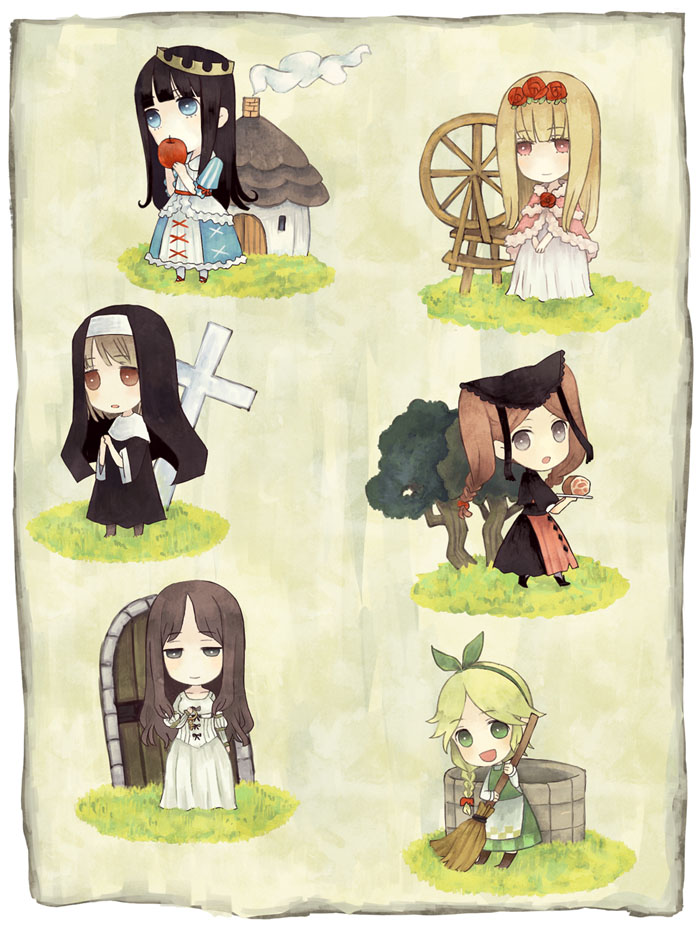 6+girls aohigeko apple blue_eyes brown_eyes brown_hair buranko_(marchen) chibi cross dornroeschen_(maerchen) dress food fruit green_eyes idoko long_hair maerchen_(sound_horizon) medieval mitsutoki multiple_girls nun nun_(marchen) schneewittchen_(maerchen) smile sound_horizon traditional_nun tree well