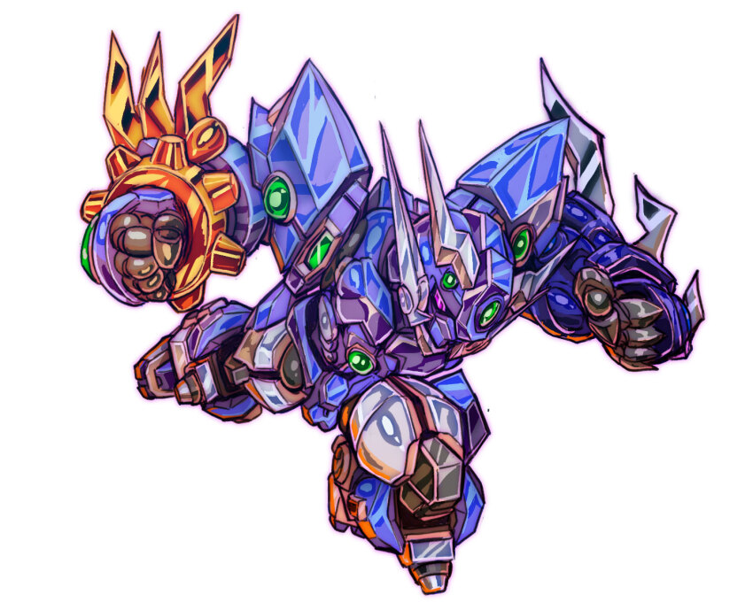clenched_hands highres looking_down mecha no_humans purple_eyes robot science_fiction solo soulgain super_robot_wars super_robot_wars_original_generation uungunover v-fin white_background