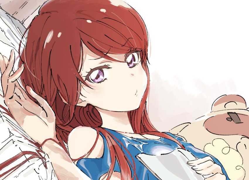 aikatsu! aikatsu!_(series) bare_shoulders bed blue_shirt book clothing_cutout ebipon hand_on_own_chest hand_up highres holding holding_book indoors long_hair looking_at_viewer lying on_back on_bed purple_eyes red_hair saitou_atsushi_(kamatamanankotu) shibuki_ran shirt short_sleeves shoulder_cutout straight_hair stuffed_animal stuffed_toy v-shaped_eyebrows