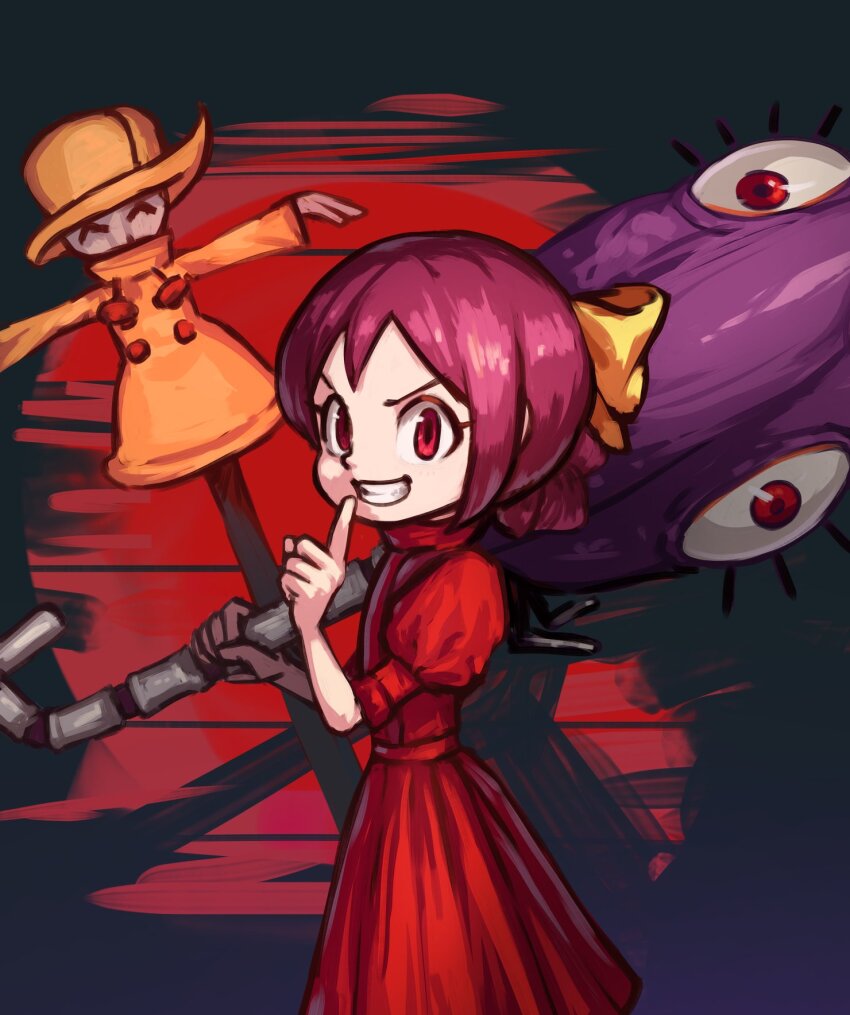 1girl alternate_costume alternate_hairstyle bow cosplay dress finger_to_mouth hair_bow highres holding holding_umbrella hungern_(skullgirls) index_finger_raised kureikyo1031 looking_at_viewer pearl_(movie) pink_eyes pink_hair puffy_short_sleeves puffy_sleeves scarecrow short_sleeves shushing skullgirls solo umbrella umbrella_(skullgirls) upper_body