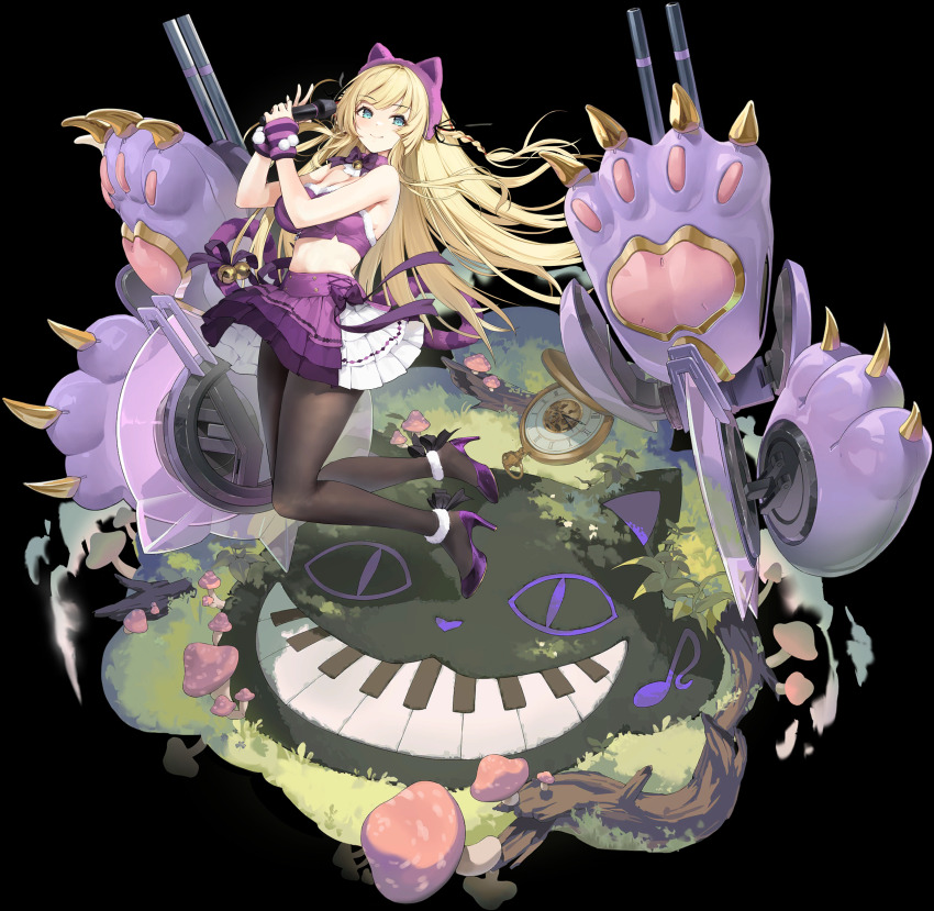 1girl absurdres alice&#039;s_adventures_in_wonderland animal_ears arm_warmers azur_lane bare_shoulders bell black_pantyhose blonde_hair blue_eyes bow bowtie braid breasts byulzzi cat_ears cat_tail clock confetti crop_top fake_animal_ears full_body hair_ribbon high_heels highres holding holding_microphone jingle_bell kongou_(azur_lane) kongou_(muse)_(azur_lane) large_breasts layered_skirt long_hair looking_at_viewer microphone mushroom navel non-web_source official_art pantyhose pleated_skirt pom_pom_(clothes) purple_bow purple_bowtie purple_footwear purple_skirt ribbon rigging skirt smile solo tail transparent_background white_skirt