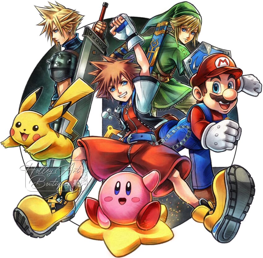 4boys arm_up blonde_hair blue_eyes brown_footwear brown_hair buster_sword cloud_strife commentary creature english_commentary facial_hair final_fantasy final_fantasy_vii fingerless_gloves gen_1_pokemon gloves green_hat green_tunic grin hat highres hollypolllyy keyblade kingdom_hearts kingdom_key kirby kirby_(series) link long_sleeves looking_at_viewer male_focus mario mario_(series) master_sword multiple_boys mustache nintendo nomura_tetsuya_(style) pikachu pointy_hair pokemon pokemon_(creature) profile red_hat shoes smile sora_(kingdom_hearts) super_smash_bros. sword teeth the_legend_of_zelda tunic weapon white_gloves yellow_shoes