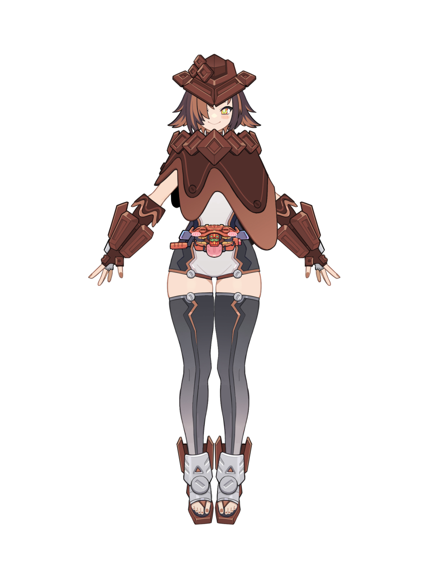 1girl absurdres adk-em bandai bandai_namco brown_gloves brown_hair candy capelet chocodan_gochizou chocolate chocolate_bar closed_mouth cowboy_hat rider_belt fingerless_gloves food full_body gloves gochizou goz-zz grey_thighhighs hair_over_one_eye hat henshin_belt_gavv highres ishimori_prod kamen_rider kamen_rider_gavv kamen_rider_gavv_(series) kamen_rider_gavv_chocodan_form leotard looking_at_viewer multicolored_hair nail_polish one_eye_covered personification rider-tan rider_belt short_hair shorts simple_background smile solo standing streaked_hair thighhighs toei_company tokusatsu tv_asahi two-tone_hair white_background yellow_eyes
