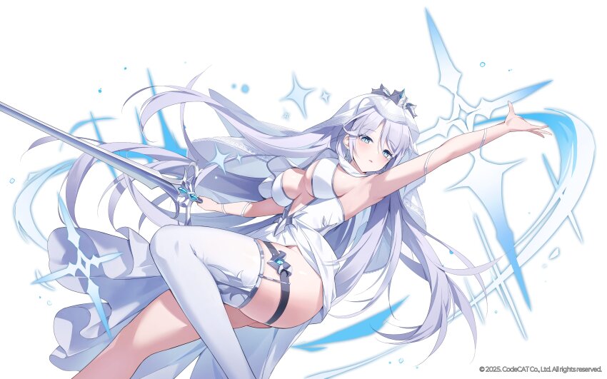 1girl absurdres armpits bare_arms bare_shoulders blue_eyes breasts cleavage commentary_request dress highres holding holding_sword holding_weapon korean_commentary large_breasts looking_at_viewer outstretched_arm parted_lips side_slit simple_background single_thighhigh solo sword sword_master_story thigh_strap thighhighs thighs ugwa veil weapon white_background white_dress white_hair white_thighhighs white_veil