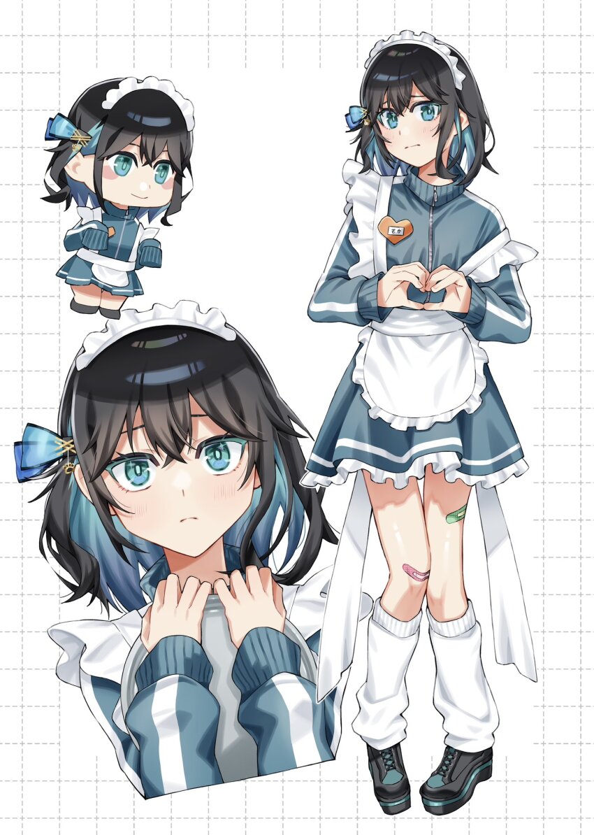 1girl alternate_costume apron aqua_eyes aqua_jacket aqua_skirt bandaid bandaid_on_leg black_hair black_shoes chibi chibi_inset closed_mouth frilled_apron frilled_skirt frills heart heart_hands highres holding holding_tray jacket jersey_maid leg_warmers looking_at_viewer maid maid_apron maid_headdress medium_hair miniskirt miyamai_moca multiple_views name_tag shoes skirt standing tere_douga track_jacket tray unconventional_maid voicepeak white_apron white_leg_warmers