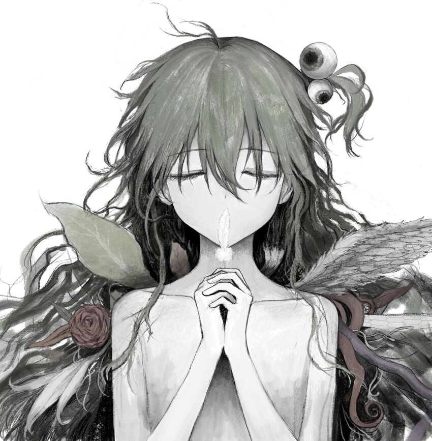 1girl angel_wings asymmetrical_wings closed_eyes collarbone covering_own_mouth eyeball_hair_ornament feathers flat_chest flower green_hair highres holding holding_feather leaf long_hair muted_color nude one_side_up original own_hands_clasped own_hands_together pale_skin rose sayonara_wo_oshiete simple_background solo upper_body white_background wings xiaozuansuki