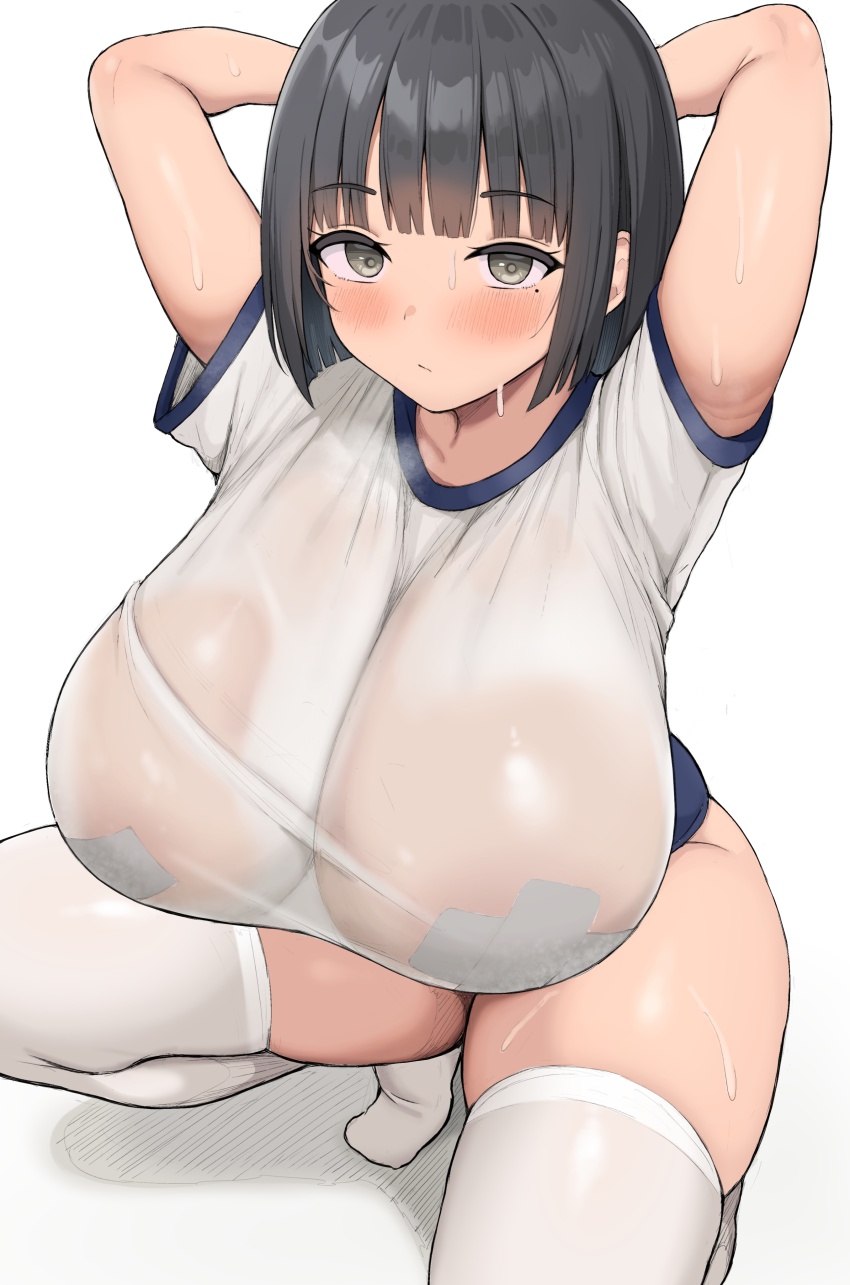 1girl arms_behind_head bandages bandaid bandaids_on_nipples black_hair blue_shorts blush breasts brown_eyes buruma cleavage gym_shirt gym_shorts gym_uniform huge_breasts mole mole_under_eye neneneji no_bra original pasties see-through_clothes see-through_shirt shirt short_hair short_shorts shorts skindentation solo squatting sweat sweaty_clothes t-shirt thighhighs wet wet_clothes wet_shirt white_background white_shirt white_thighhighs