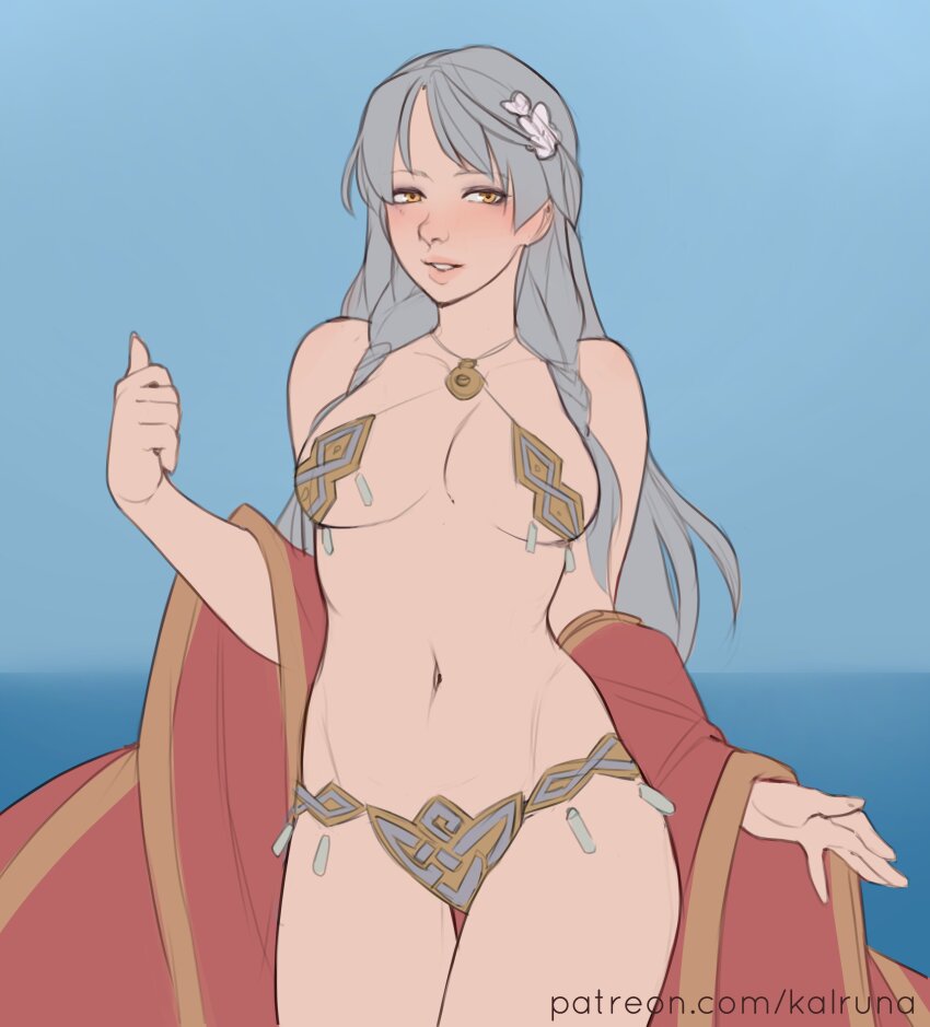1girl absurdres adapted_costume bare_shoulders bikini blue_background breasts cape commission fire_emblem fire_emblem:_radiant_dawn grey_hair groin hair_ribbon half_updo highres kalruna long_hair looking_at_viewer medium_breasts micaiah_(fire_emblem) micaiah_(radiant_queen)_(fire_emblem) navel nintendo patreon_username red_cape ribbon simple_background solo swimsuit yellow_eyes