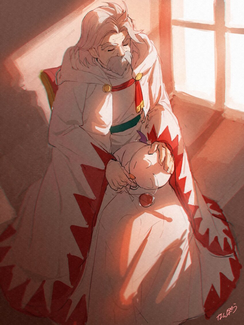 1boy artist_name beard cloak closed_eyes facial_hair final_fantasy final_fantasy_v full_body galuf_halm_baldesion grey_hair highres hood hood_down indoors long_sleeves male_focus medium_hair moogle mustache nanpou_(nanpou0021) old old_man parted_bangs sitting thick_eyebrows white_cloak white_mage_(final_fantasy) wide_sleeves window