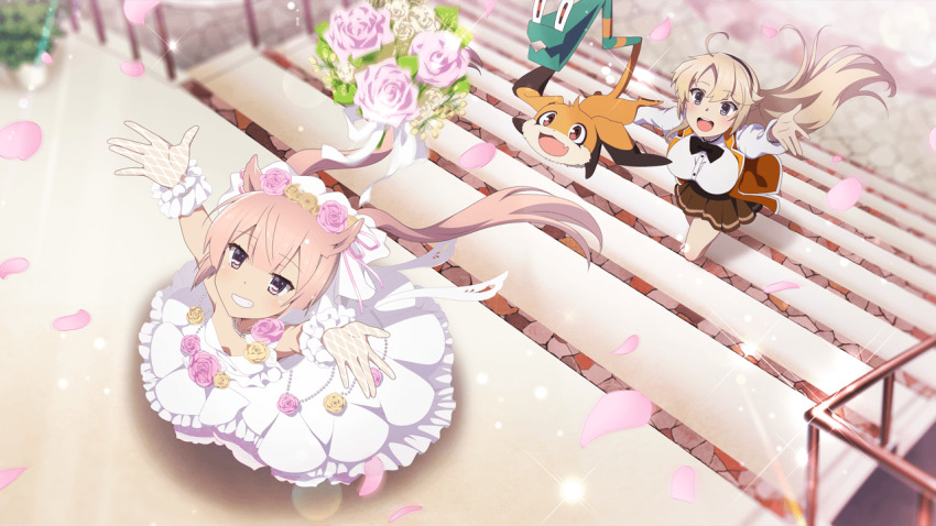 2girls :d ahoge black_hairband blonde_hair blue_eyes bouquet breasts breasts_apart brown_skirt dress falling_petals fishnet_gloves fishnets floating_hair flower from_above game_cg gloves hair_flower hair_horns hair_ornament hairband jewelry kohagura_ellen large_breasts long_hair long_sleeves mashiko_kaoru multiple_girls necklace nene_(toji_no_miko) non-web_source official_art open_mouth osafune_girls_academy_school_uniform outstretched_arms petals pink_hair purple_eyes school_uniform shirt sidelocks skirt small_breasts smile stairs strapless strapless_dress throwing toji_no_miko toji_no_miko:_kizamishi_issen_no_tomoshibi wedding_dress white_dress white_gloves white_shirt winter_uniform