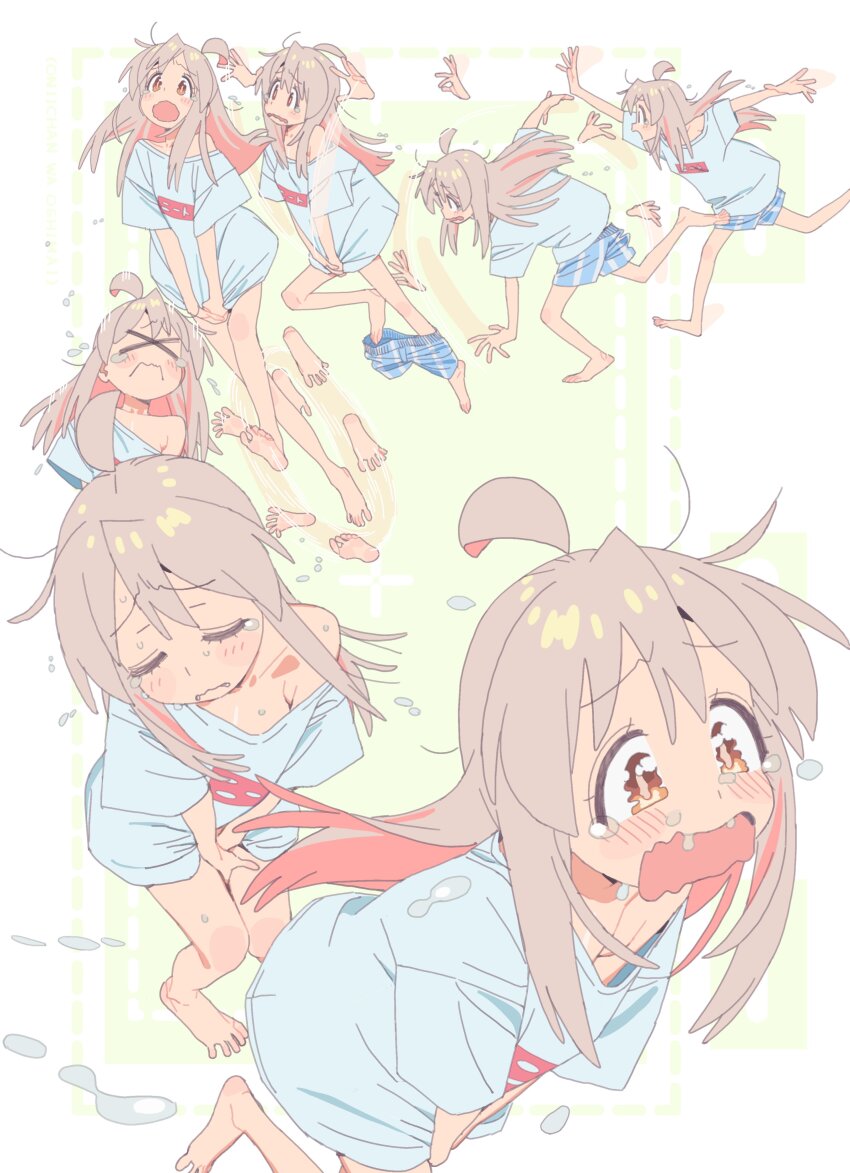 &gt;_&lt; 1girl absurdres afterimage ahoge bare_legs barefoot between_legs blush bottomless brown_eyes closed_eyes copyright_name cover cover_page flying_teardrops hand_between_legs have_to_pee highres imamura_ryou long_hair male_underwear male_underwear_pull multiple_views no_pants official_art onii-chan_wa_oshimai! oversized_clothes oversized_shirt oyama_mahiro pink_hair running sequential_exposures shirt short_sleeves simple_background striped_male_underwear t-shirt tears underwear wavy_mouth white_background white_shirt