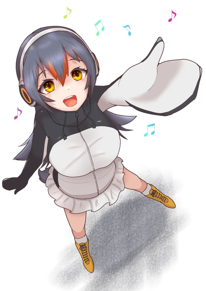 1girl asatoyuyunopapa black_hair black_sweater boots from_above full_body gentoo_penguin_(kemono_friends) hair_between_eyes headphones highres kemono_friends long_hair long_sleeves looking_at_viewer looking_up mittens multicolored_hair music musical_note open_mouth orange_boots orange_eyes orange_hair penguin_girl penguin_tail reaching reaching_towards_viewer sidelocks singing skirt socks solo sweater tail turtleneck turtleneck_sweater two-tone_sweater white_skirt white_socks white_sweater
