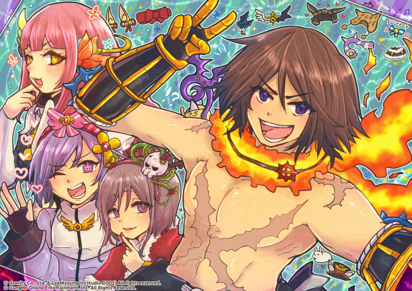 2boys 2girls :3 absurdres acolyte_(ragnarok_online) ajiusakun animal_ears bell black_gloves blunt_bangs bow brown_gloves brown_hair cassock cross entweihen_crothen fingerless_gloves fire fox_ears fur-trimmed_jacket fur_trim gauntlets genetic_(ragnarok_online) gloves heart heart-shaped_pupils highres jacket jingle_bell long_sleeves looking_at_viewer lude_(ragnarok_online) multiple_boys multiple_girls no_nipples one_eye_closed open_mouth pink_hair purple_eyes purple_hair ragnarok_online red_bow red_jacket red_ribbon ribbon rogue_(ragnarok_online) scar scar_on_chest short_hair smile sura_(ragnarok_online) symbol-shaped_pupils toned toned_male topless_male translation_request upper_body v yellow_eyes